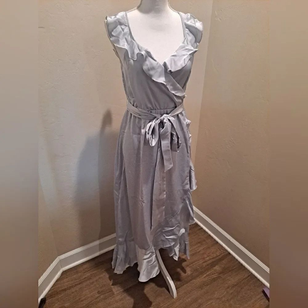 Show Me Your Mumu Samatha Ruffle Wrap Satin Dress Silver Luxe Satin Medium